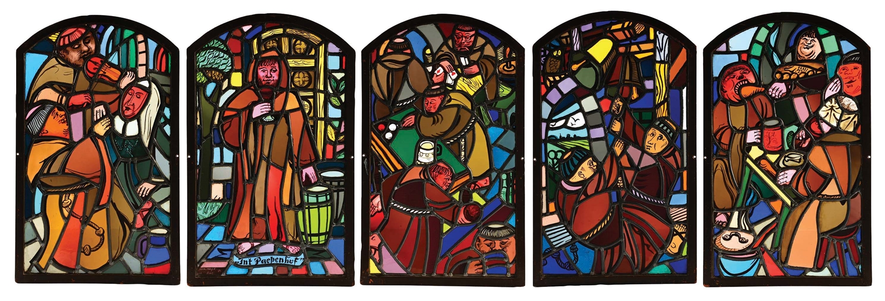 SET OF 5 STAINED GLASS WINDOWS.