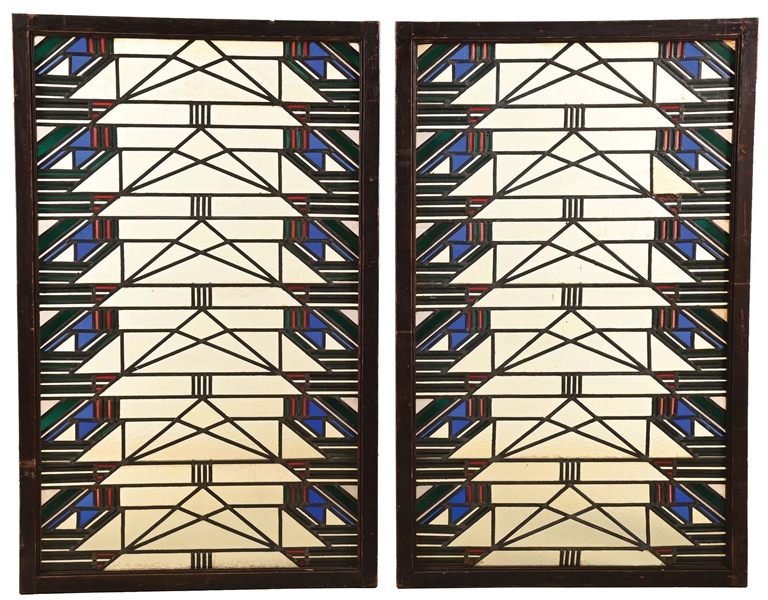 PAIR OF GEOMETRIC STAINED GLASS WINDOWS.