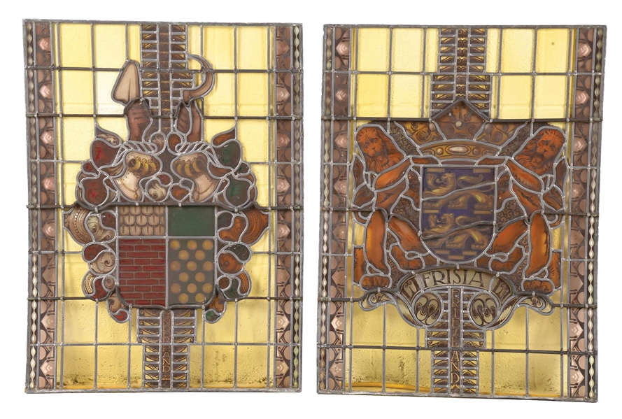 PAIR OF STAINED GLASS WINDOWS W/ CRESTS.