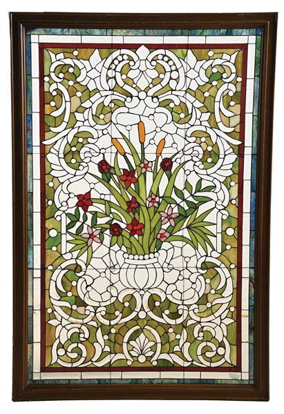 FLORAL STAINED GLASS WINDOW IN WOODEN FRAME.