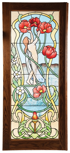 STAINED GLASS WINDOW W/ WOMAN AND POPPIES.