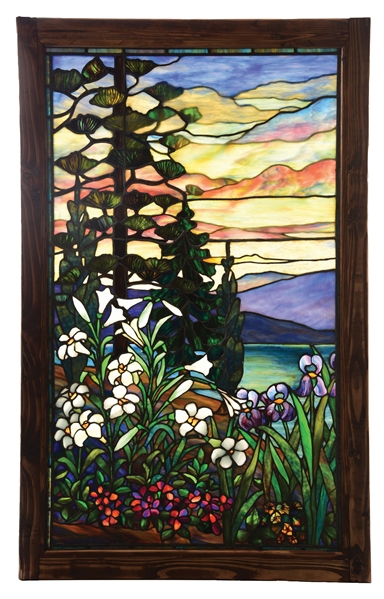 FLORAL STAINED GLASS WINDOW ATTRIBUTED TO TIFFANY STUDIOS
