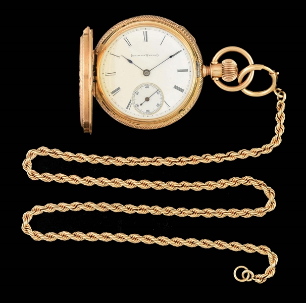 14K GOLD ILLINOIS WATCH CO. H/C POCKET WATCH & ROPE CHAIN.