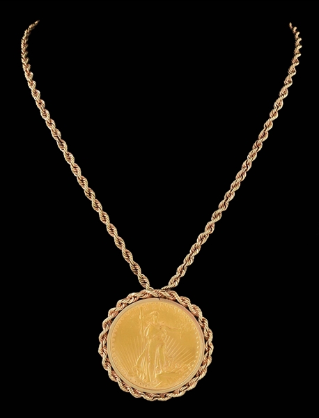 14K 1924 ST. GAUDENS US $20 GOLD DOUBLE EAGLE ROPE NECKLACE.