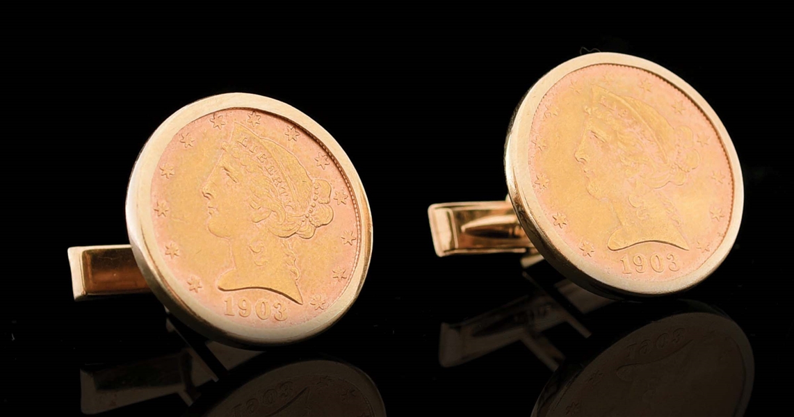 14K CUFF LINKS W/TWO 1903 US $5 GOLD EAGLE COINS.