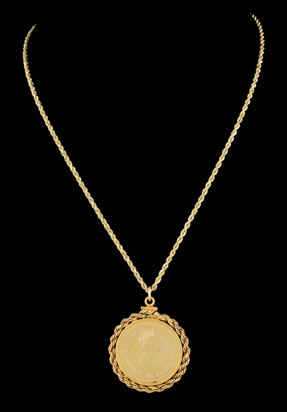 14K ROPE CHAIN NECKLACE WITH 1976 $100 GOLD CANADIAN COIN.