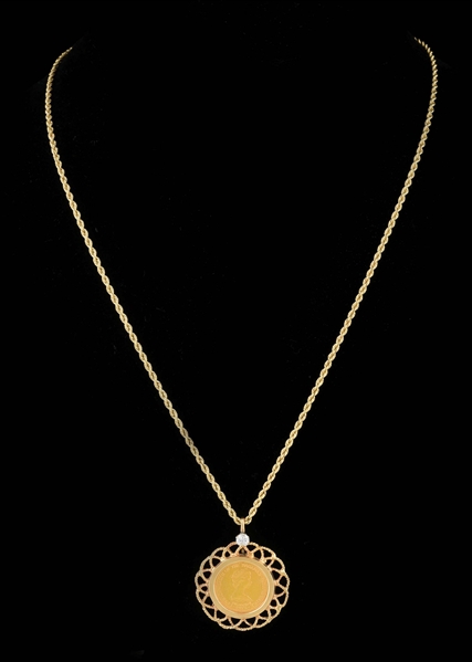 14K ROPE CHAIN NECKLACE W/$50 BAHAMA GOLD COIN & DIAMOND PENDANT.