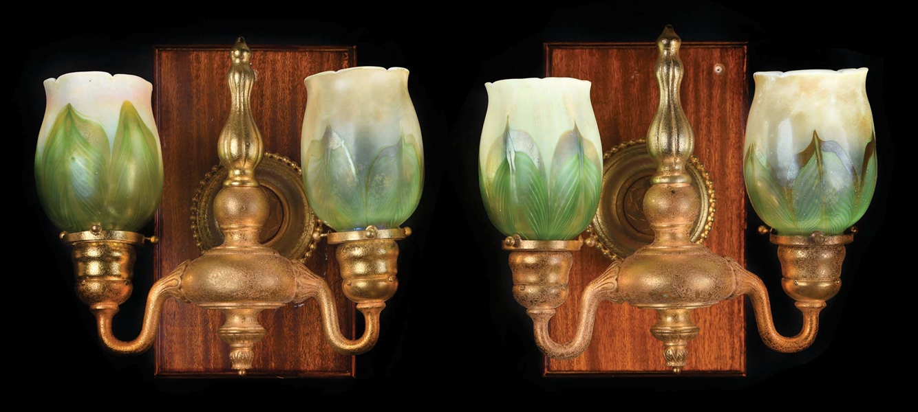 PAIR OF TIFFANY STUDIOS PULLED FEATHER SCONCES.