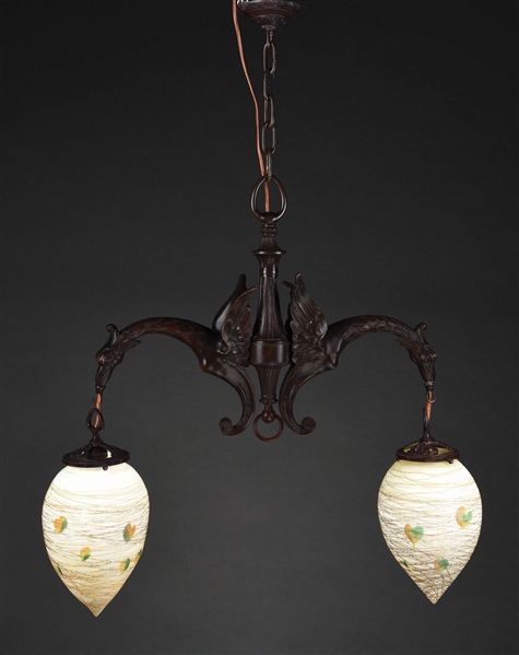 DRAGON CHANDELIER W/ LUSTRE ART SHADES.