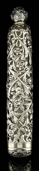 RARE LARGE SILVER OVERLAY ON CUT GLASS VINAIGRETTE & SCENT BOTTLE.