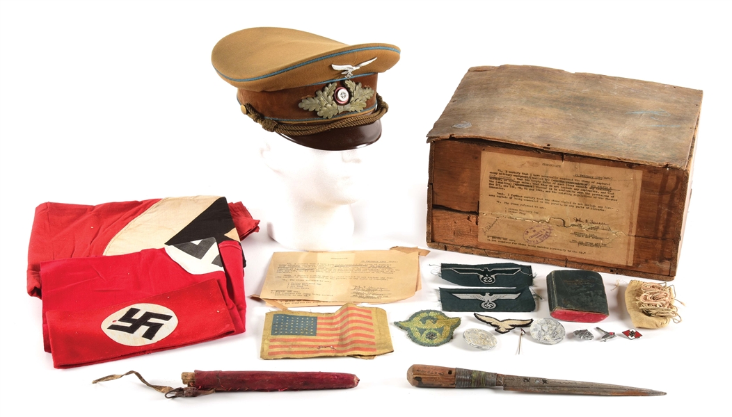 EXCELLENT GERMAN WWII VETERAN BRING BACK LOT WITH CAP, FLAGS, CAPTURE PAPERS, PATCHES, AND TINNIES.