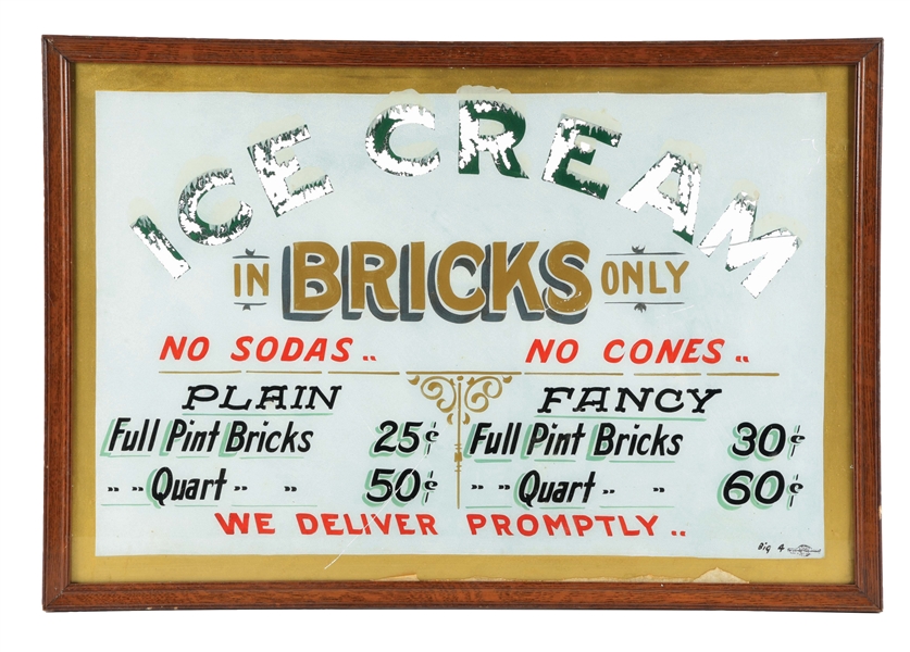 FRAMED REVERSE PAINTED GLASS ICE CREAM SIGN.