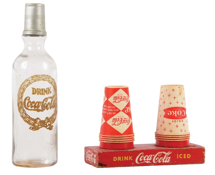 COLLECTION OF 2 COCA-COLA CUP STAND AND GLASS SYRUP JAR.