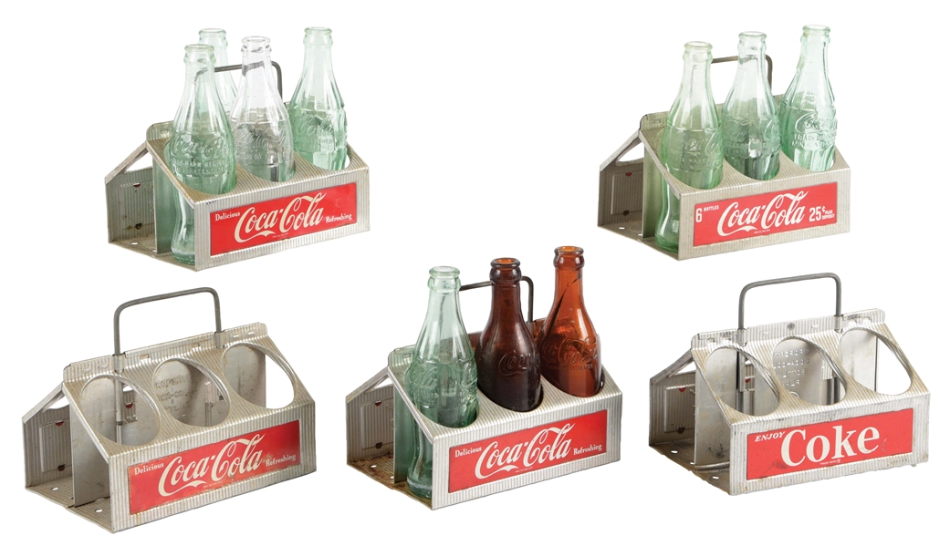 COLLLECTION OF 8 COCA-COLA CARRIERS AND GLASS BOTTLES.