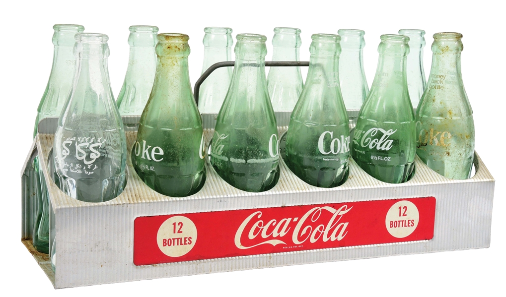 COCA COLA CARRIER WITH 12 GLASS BOTTLES.