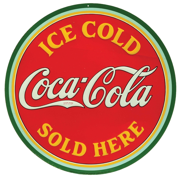 EMBOSSED TIN "ICE COLD COCA-COLA SOLD HERE" SIGN W/ BOTTLE GRAPHIC.