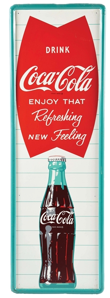 DRINK COCA-COLA "ENJOY THAT REFRESHING NEW FEELING" SINGLE-SIDED TIN SIGN.