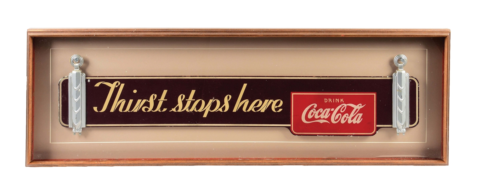NICELY FRAMED "THIRST STOPS HERE" COCA-COLA KAY DISPLAYS WOODEN SIGN.