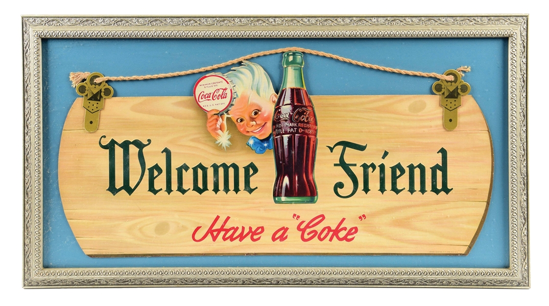 "WELCOME FRIEND, HAVE A COKE" COCA-COLA CARDBOARD LITHOGRAPH SIGN.