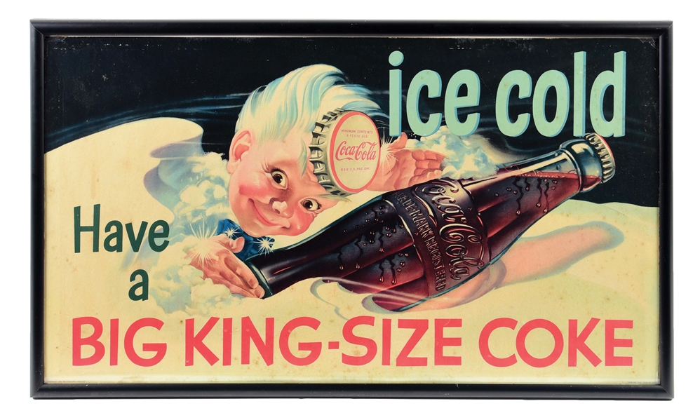 ICE COLD "HAVE A BIG KING-SIZE COKE" COCA-COLA CARDBOARD LITHOGRAPH SIGN W/SPRITE BOY GRAPHIC.