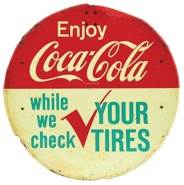 COCA-COLA "ENJOY WHILE WE CHECK YOUR TIRES" RACK SIGN.