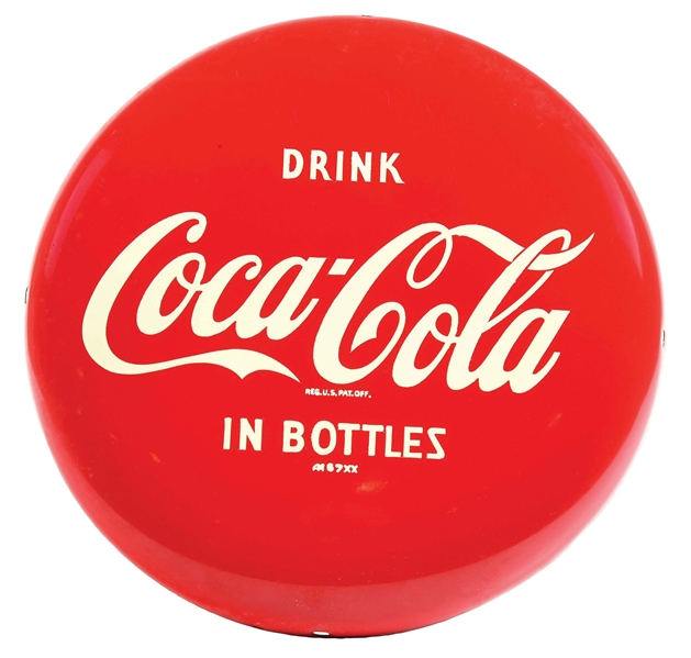 1950S DRINK COCA-COLA IN BOTTLES 12" TIN  BUTTON SIGN.