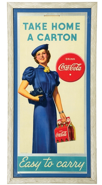 FRAMED "TAKE HOME A CARTON, EASY TO CARRY" COCA-COLA CARDBOARD LITHOGRAPH SIGN.