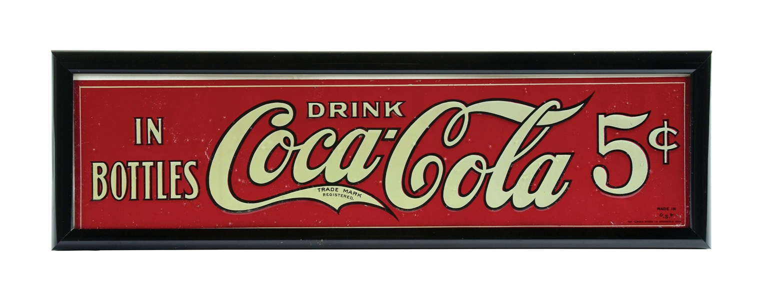 COCA-COLA "IN BOTTLES" EMBOSSED TIN STRIP SIGN W/ 5CENT LOGO.