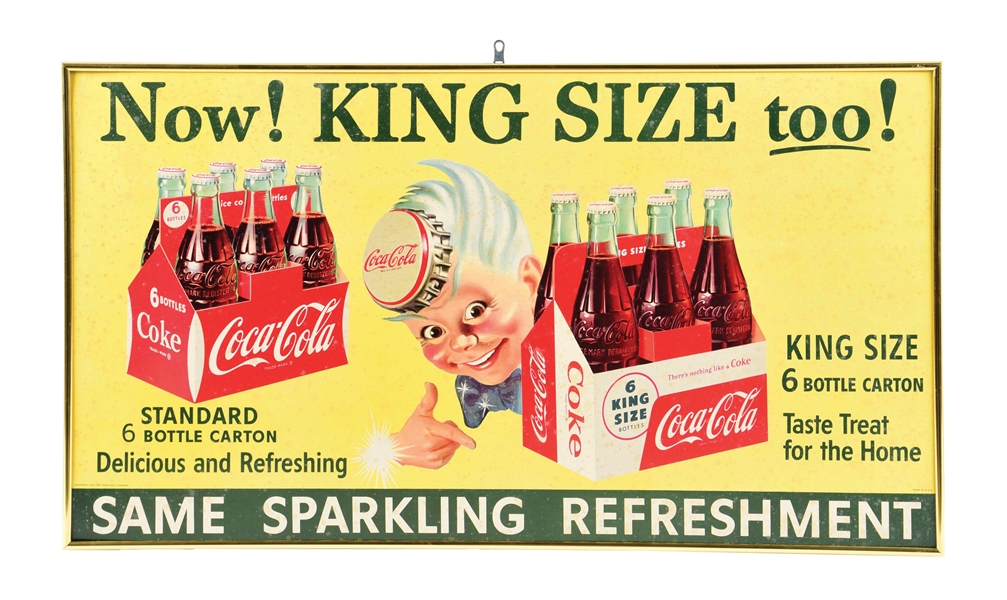 FRAMED "NOW! KING SIZE TOO! SAME SPARKLING REFRESHEMENT" CARDBOARD LITHOGRAPH COCA-COLA SIGN.