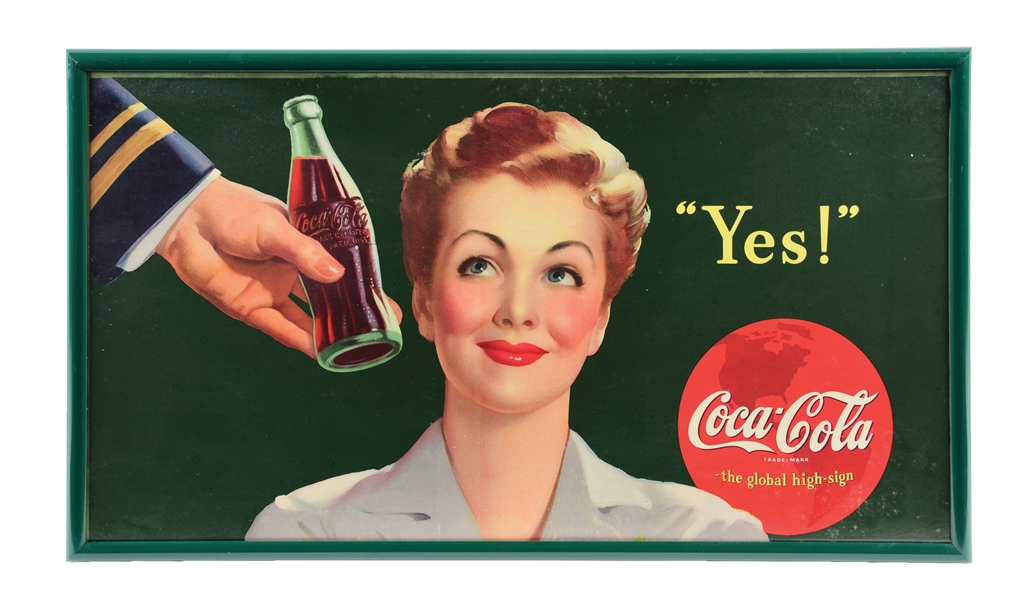 FRAMED "YES!" COCA-COLA CARDBOARD LITHOGRAPH SIGN.
