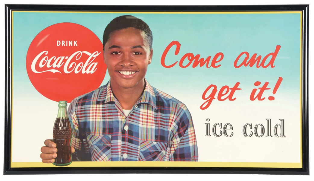 FRAMED "COME AND GET IT! ICE COLD" COCA-COLA CARDBOARD LOTHOGRAPH SIGN.