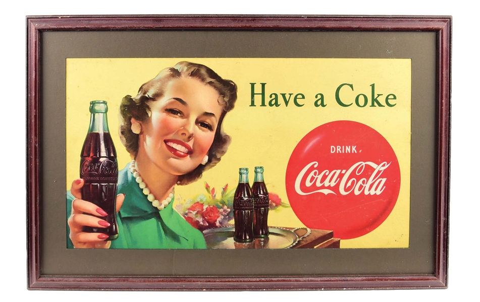 FRAMED COCA-COLA "HAVE A COKE" CARDBOARD LITHOGRAPH SIGN.