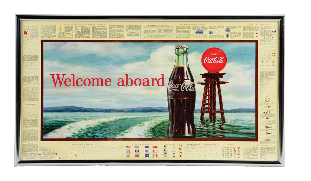 FRAMED "WELCOME ABOARD" COCA-COLA PAPER LITHOGRAPH SIGN.