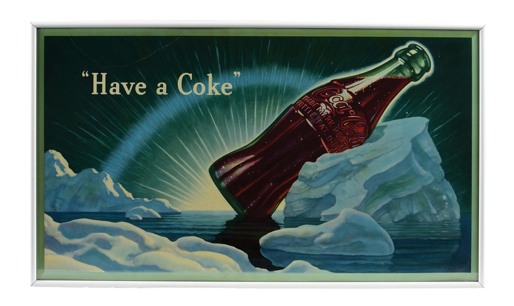 FRAMED "HAVE A COKE" COCA-COLA CARDBOARD LITHOGRAPH SIGN.