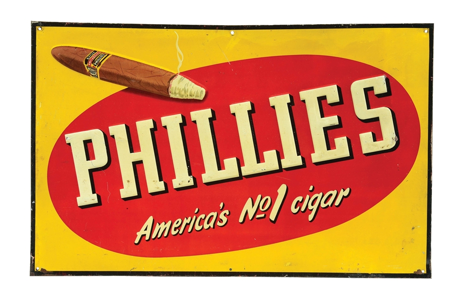 EMBOSSED TIN PHILLIES CIGAR ADVERTISING SIGN W/ CIGAR GRAPHIC.