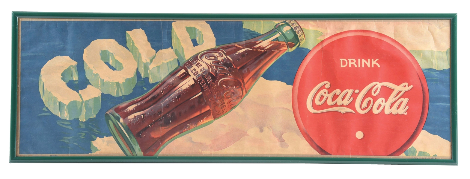 FRAMED COCA-COLA PAPER LITHOGRAPH SIGN W/ BOTTLE GRAPHIC.
