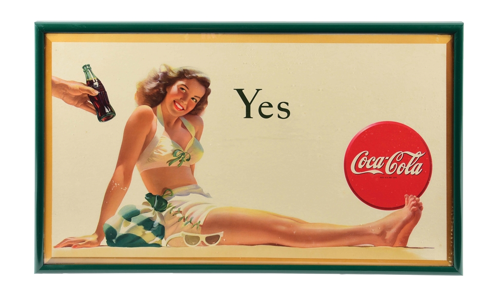 FRAMED "YES" COCA-COLA CARDBOARD LITHOGRAPH SIGN.