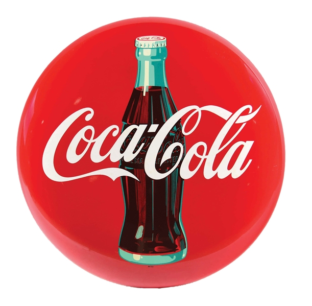 24" PAINTED TIN COCA-COLA BUTTON SIGN W/ BOTTLE GRAPHIC.