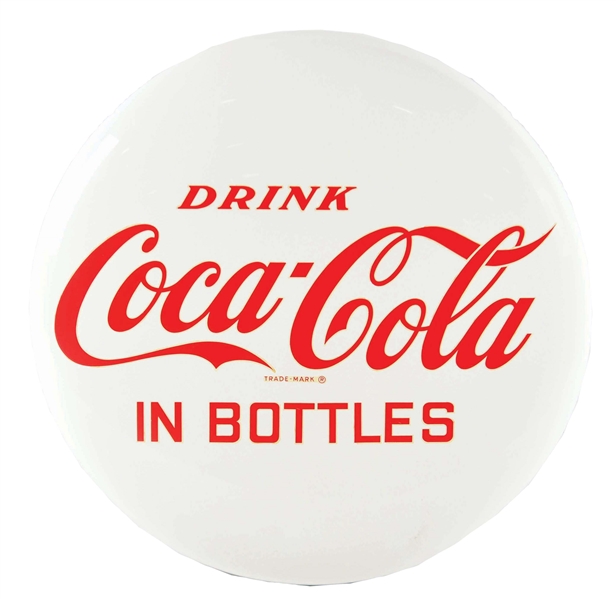 "DRINK COCA-COLA IN BOTTLES" 24" TIN BUTTON SIGN. 