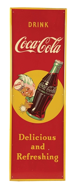 COCA-COLA "DELICIOUS AND REFRESHING" SELF-FRAMED ALUMINUM SIGN W/ SPRITE BOY GRAPHIC.