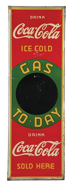 COCA-COLA "GAS-TO-DAY" SELF-FRAMED TIN SIGN.