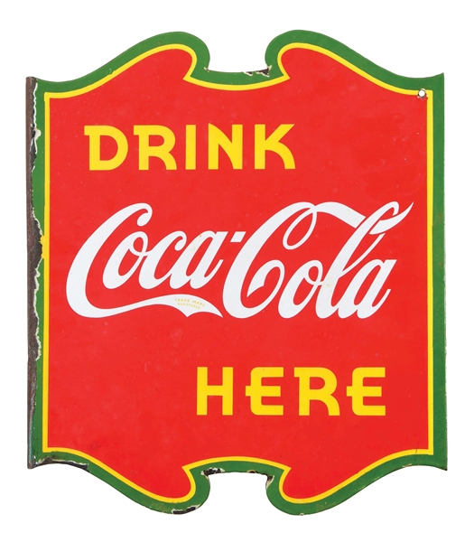 "DRINK COCA-COLA HERE" PORCELAIN FLANGE SIGN.
