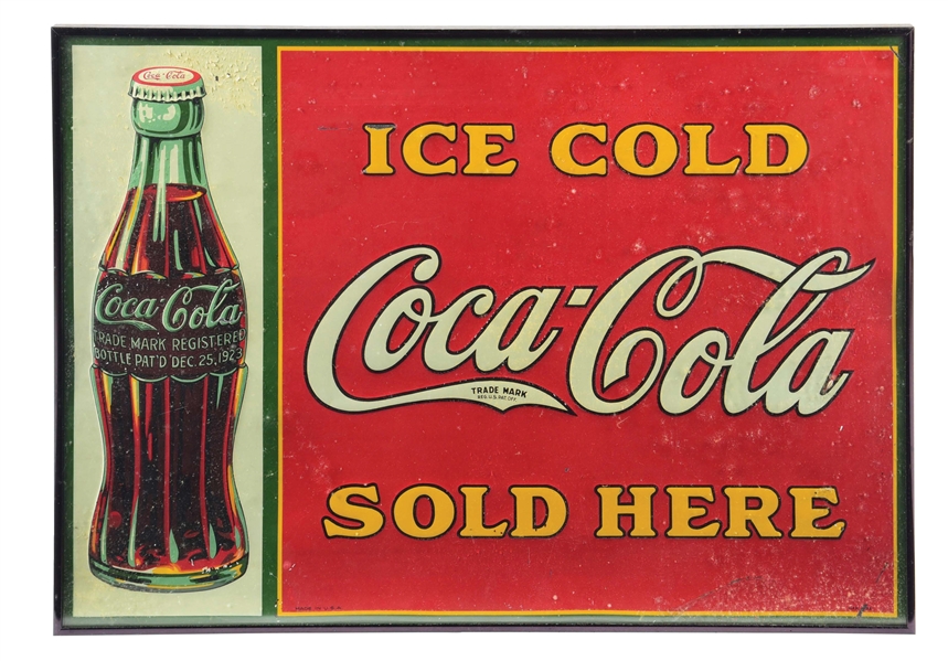 COCA-COLA "ICE COLD SOLD HERE" EMBOSSED TIN SIGN W/ BOTTLE GRAPHIC.