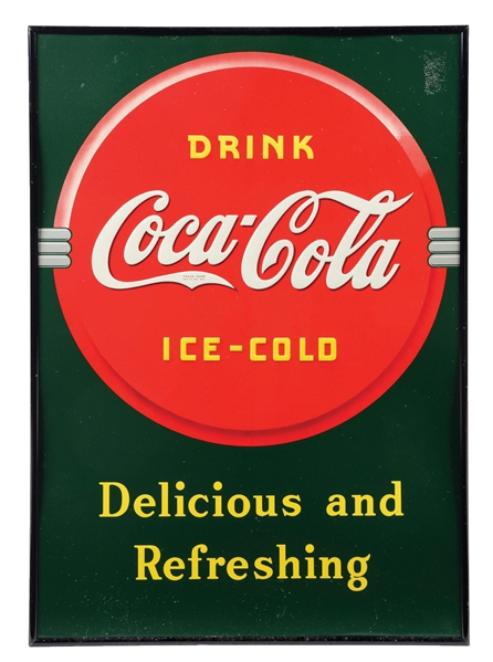 FRAMED "DRINK ICE-COLD DELICIOUS AND REFRESHING" COCA-COLA SIGN.