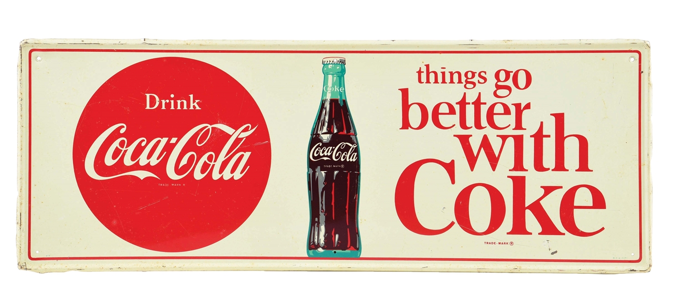 "THINGS GO BETTER WITH COKE" COCA-COLA SELF-FRAMED TIN SIGN W/ BOTTLE GRAPHIC.