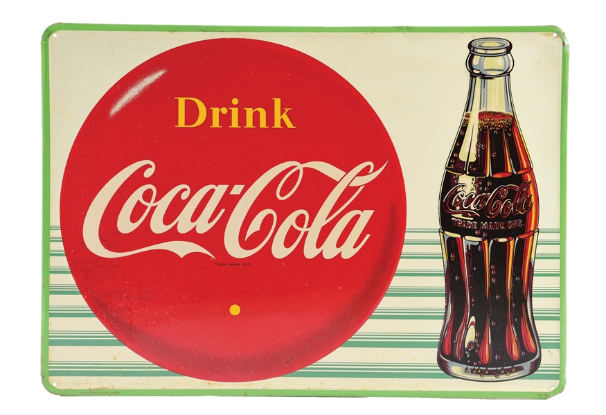 "DRINK" COCA-COLA EMBOSSED TIN SIGN W/ BOTTLE GRAPHIC.