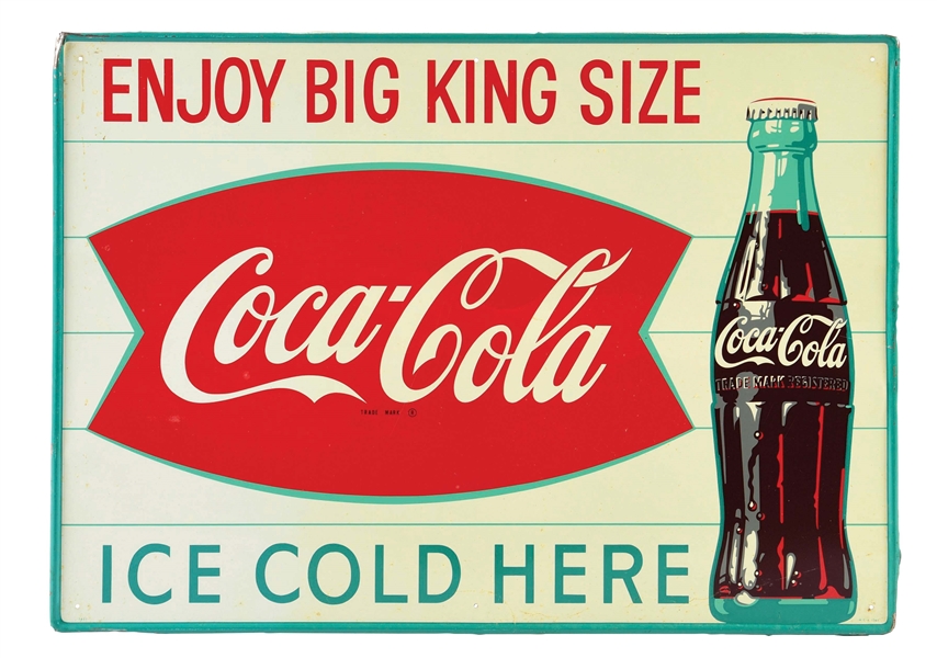 "ENJOY BIG KING SIZE" SELF-FRAMED TIN COCA-COLA SIGN W/ BOTTLE GRAPHIC.