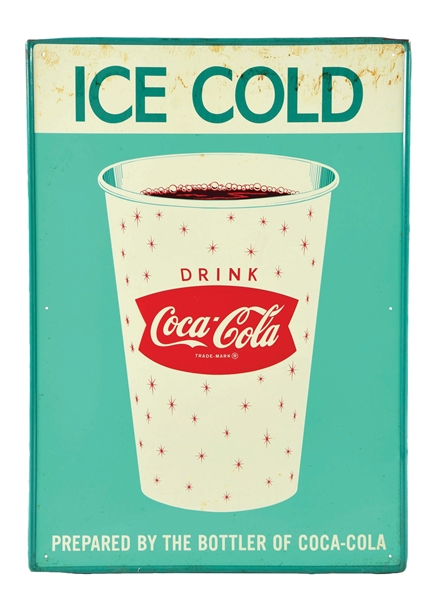 "ICE COLD" COCA-COLA SELF-FRAMED TIN SIGN W/ WHITE PAPER CUP GRAPHIC.