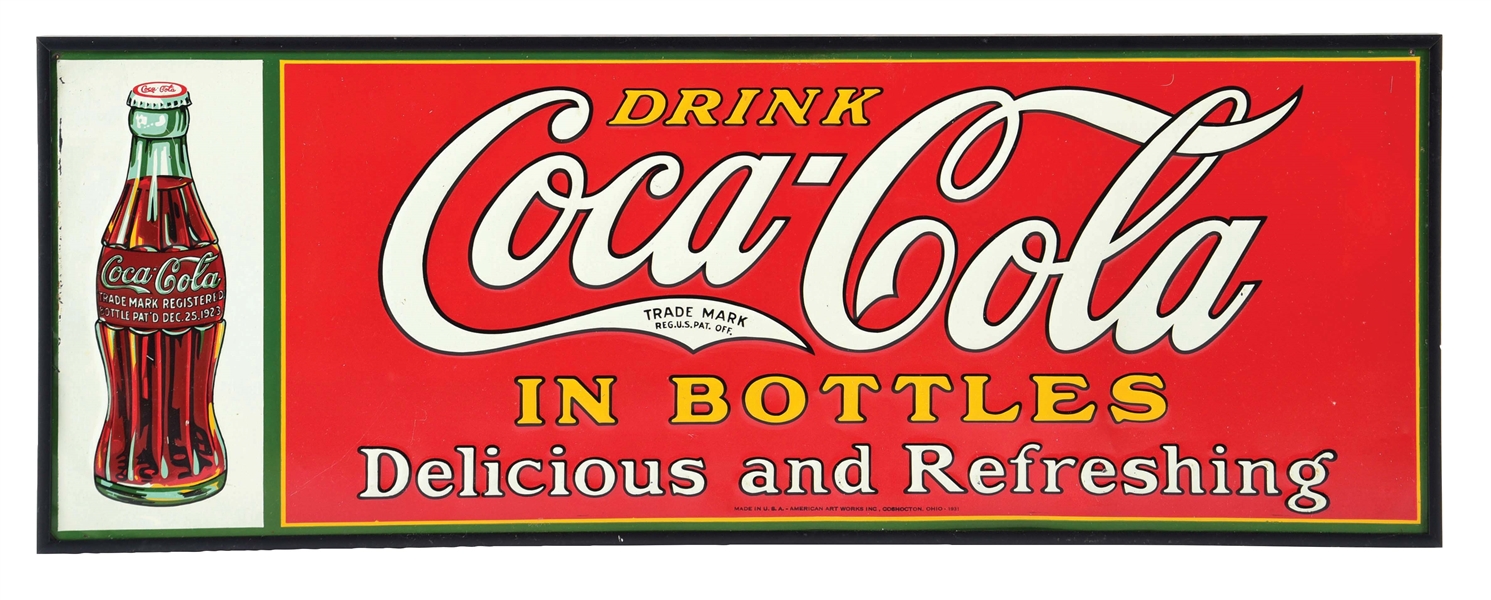 FRAMED "DRINK COCA-COLA IN BOTTLES DELICIOUS AND REFRESHING" SIGN W/ BOTTLE GRAPHIC.