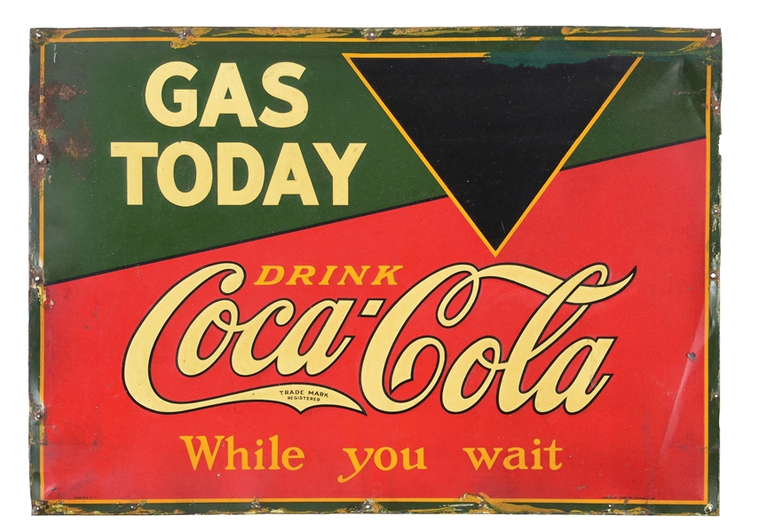 COCA-COLA "GAS TODAY" EMBOSSED TIN SIGN.
